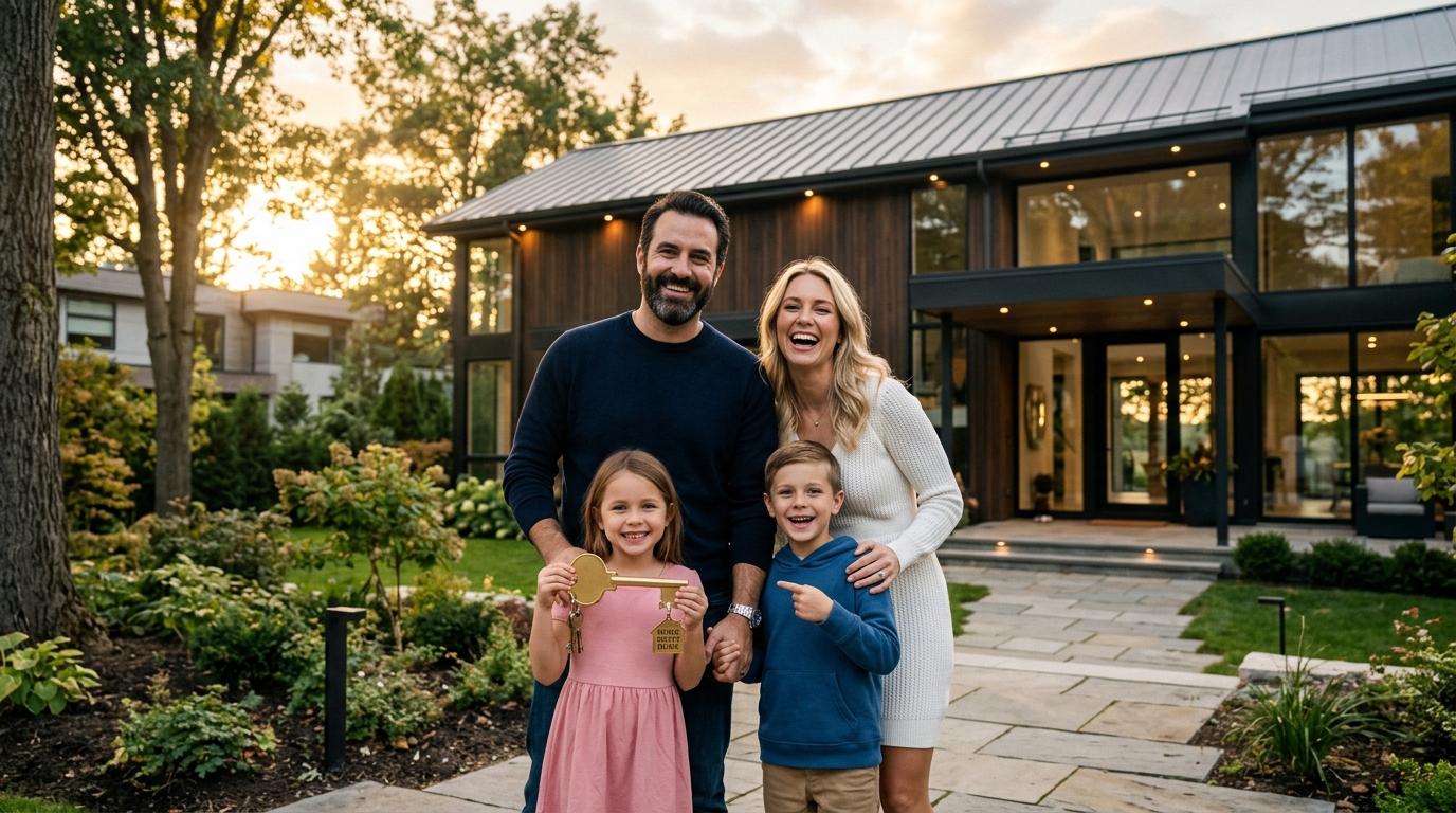 Família feliz com a conquista da casa própria